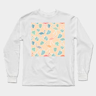 Hand drawn colorful flamingo and monstera leaves. Seamless pattern Long Sleeve T-Shirt